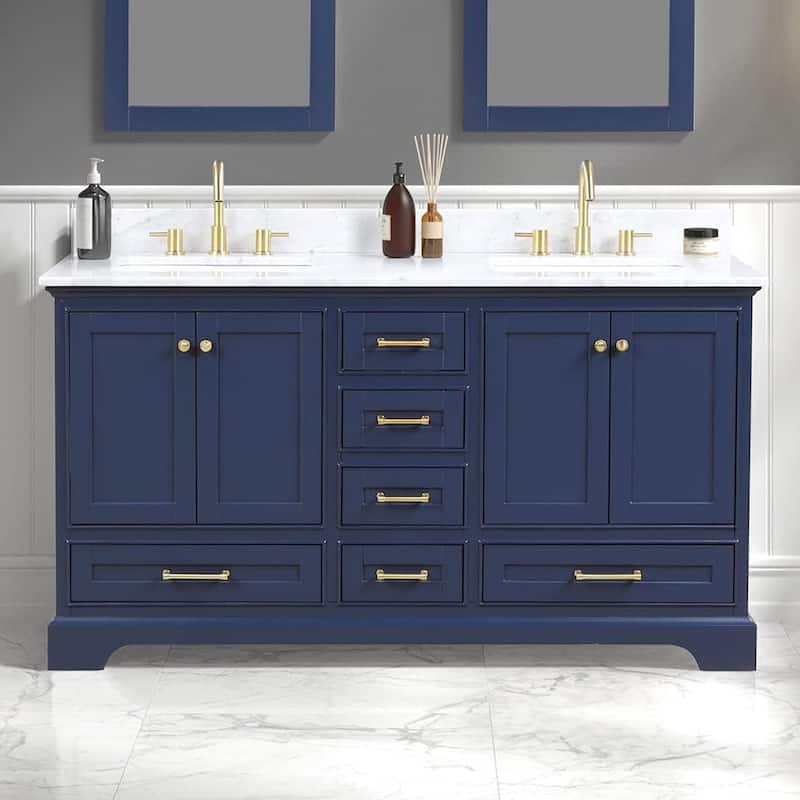 Blossom Copenhagen 60" Double Sink Solid Wood Vanity with Marble Top - Navy Blue