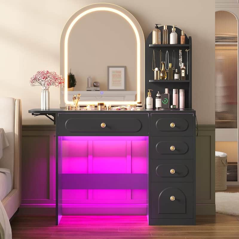 Vanity Desk with Large Mirror and LED Lights 5 Drawers Shelves Glass Top