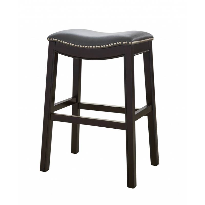 Linen Saddle Seat Bar Stool with Nail Head Trim and Footrest - Grey and Espresso-26-Inch