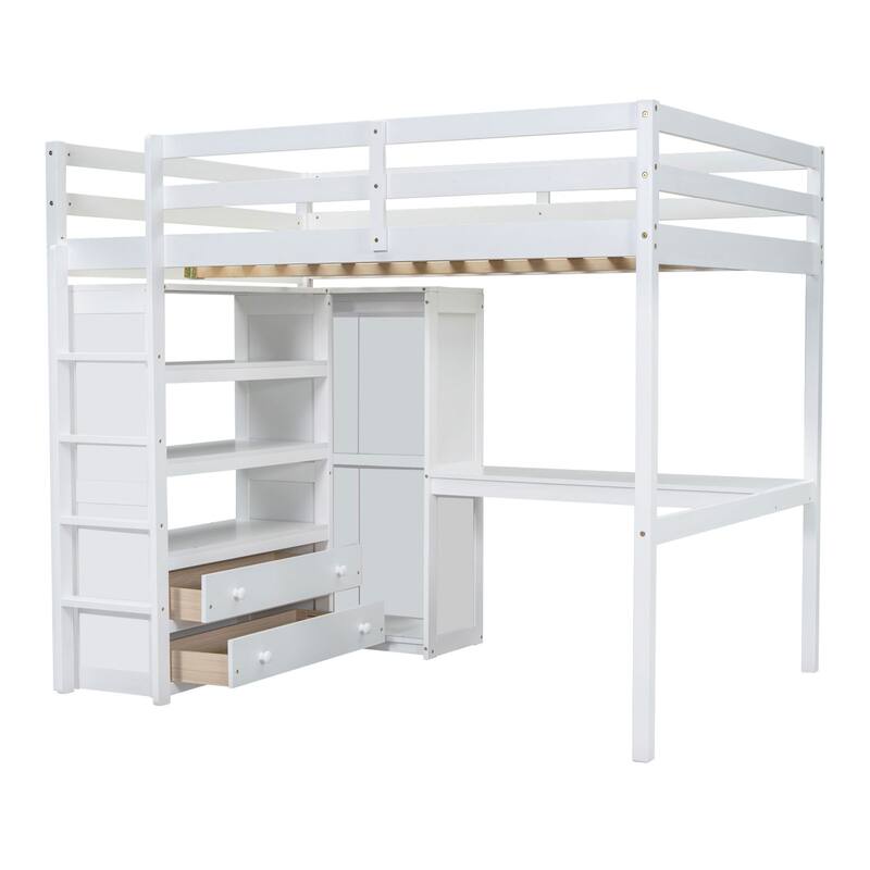 Full Size Loft Bed with Built-in Wardrobe, Desk, Storage Shelves, and Drawers, White