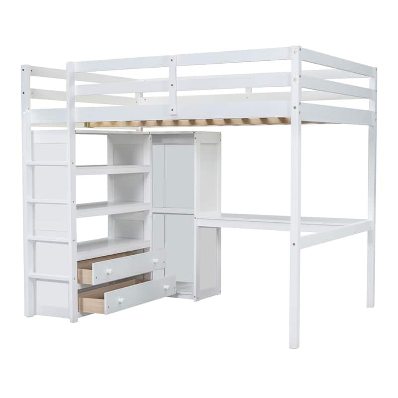 Roomfitters Full Loft Bed with Wardrobe, Study Desk, Side Shelves and Spacious Sleep Area