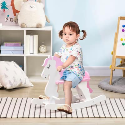 Cherry Blossom Pink Pinewood Kids Rocking Horse with Cute Creature Design - 26.75" L x 10.75" W x 18.25" H