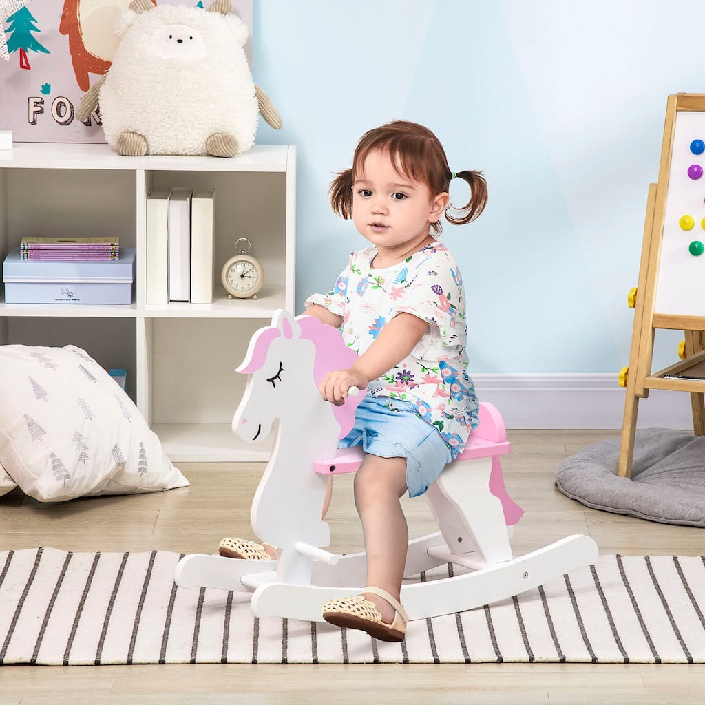Qaba Wooden Rocking Horse, Baby Rocking Chair, for Toddlers 1-3, Kids Ride on Horse for Boys and Girls, Pink and White