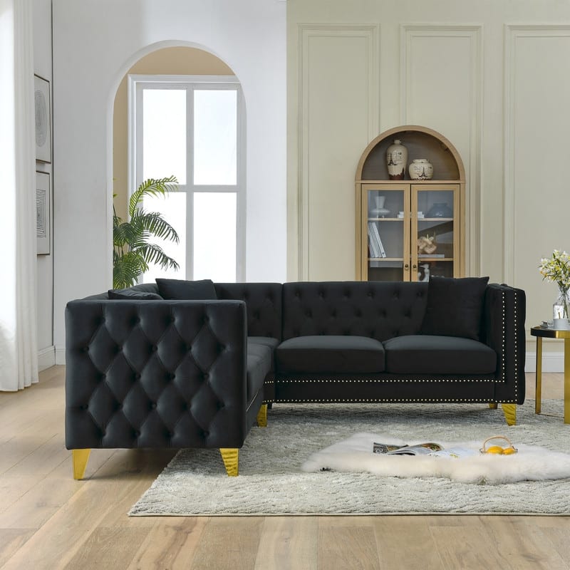 Luxury Velvet Upholstered Tufted Sofa with Arms,L Shaped Couch/Living Room Couches with Metal Legs