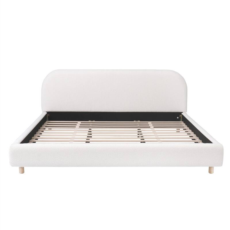 Queen/King Size Platform Bed with Curve-Shaped Design Headboard, Boucle Fabric Upholstered Bed Frame with Slats Support