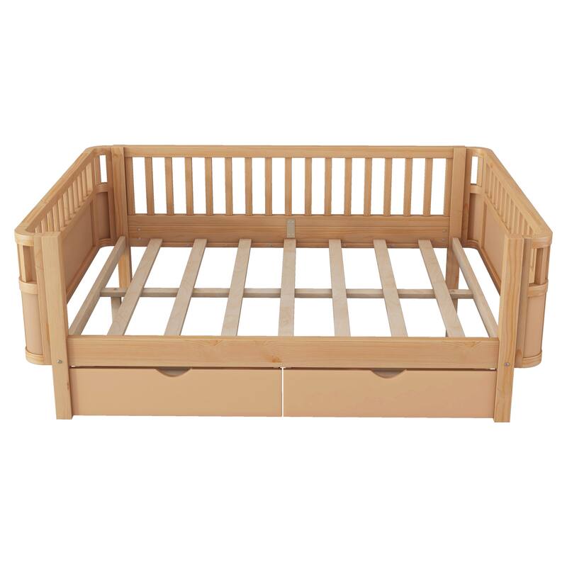 Wooden Kids Bed with 2 Storage Drawers, Guardrails and Removable Side Rail, Rounded Corners Frame Montessori Bed, Toddler Bed