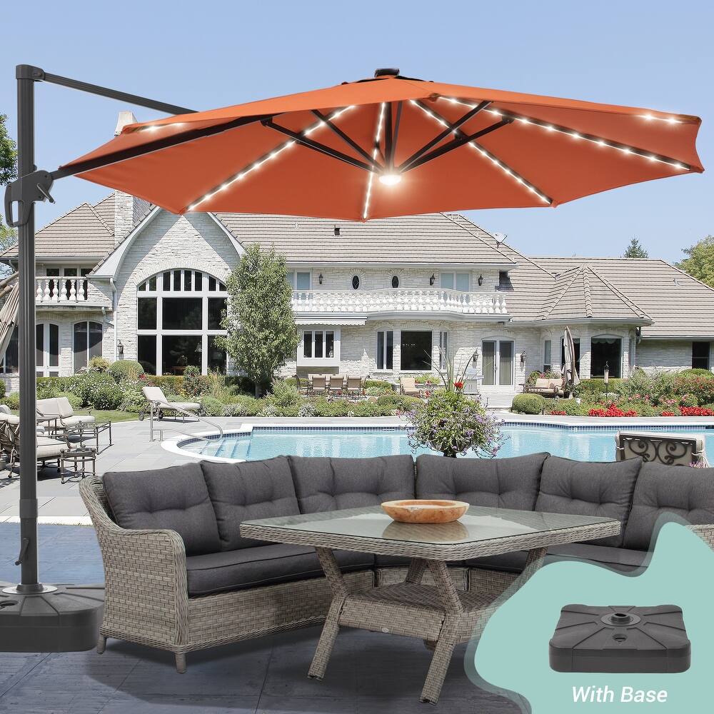 LIVOOSUN 11Ft Aluminum LED Patio Cantilever Offset Umbrella With Base