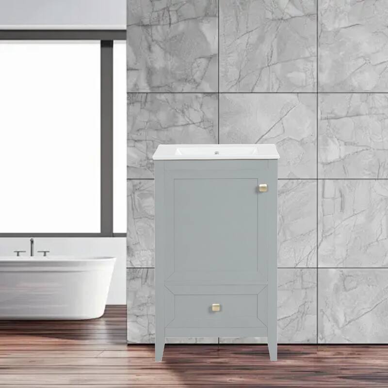Compact 20" Bathroom Vanity with Sink, Soft Closing Door, Storage Rack & Drawer, Modern MDF Cabinet - Grey