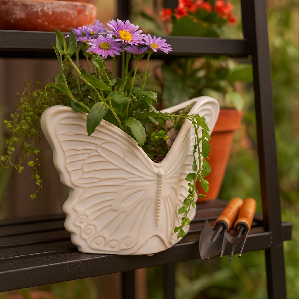 Butterfly Ceramic Planter or Flower Pot - 7", Ivory
