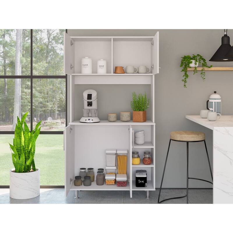 Kitchen Pantry Double Door Cabinet, Four Legs, Three Shelves - White