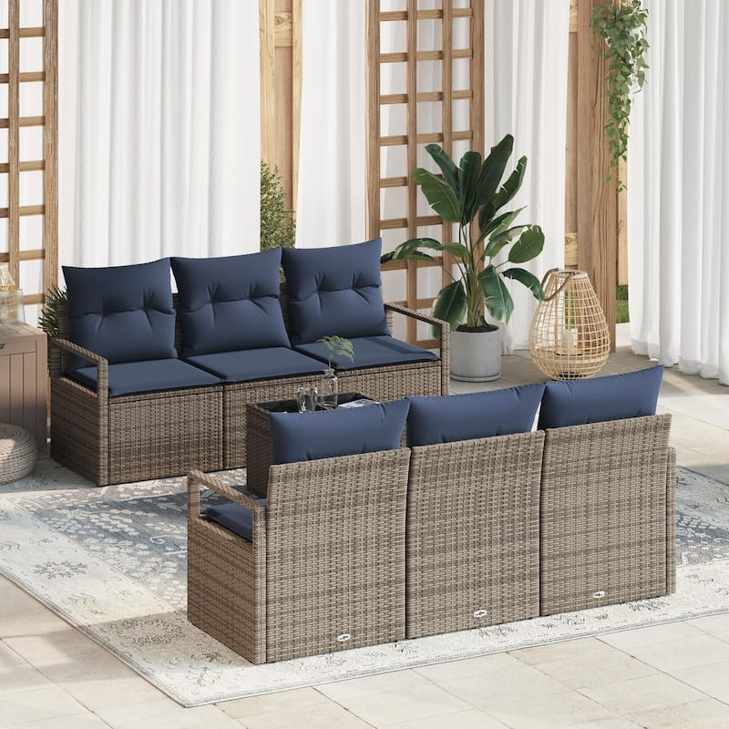 vidaXL 7 Garden Sofa Set with Cushions Black/Brown/Grey Poly Rattan - 68.9 x 24.4 x 27.2 - Grey