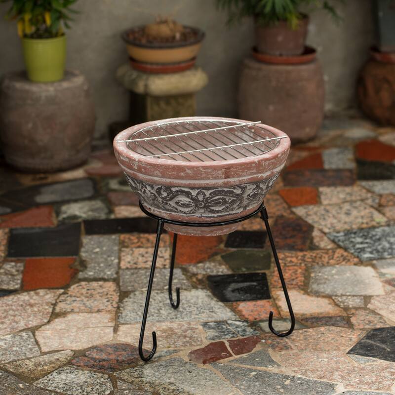 Outdoor Small Red and Gray Clay Grill Accent Design Charcoal Burning Fire Pit with Sturdy Metal Stand, Barbecue, Cocktail Party