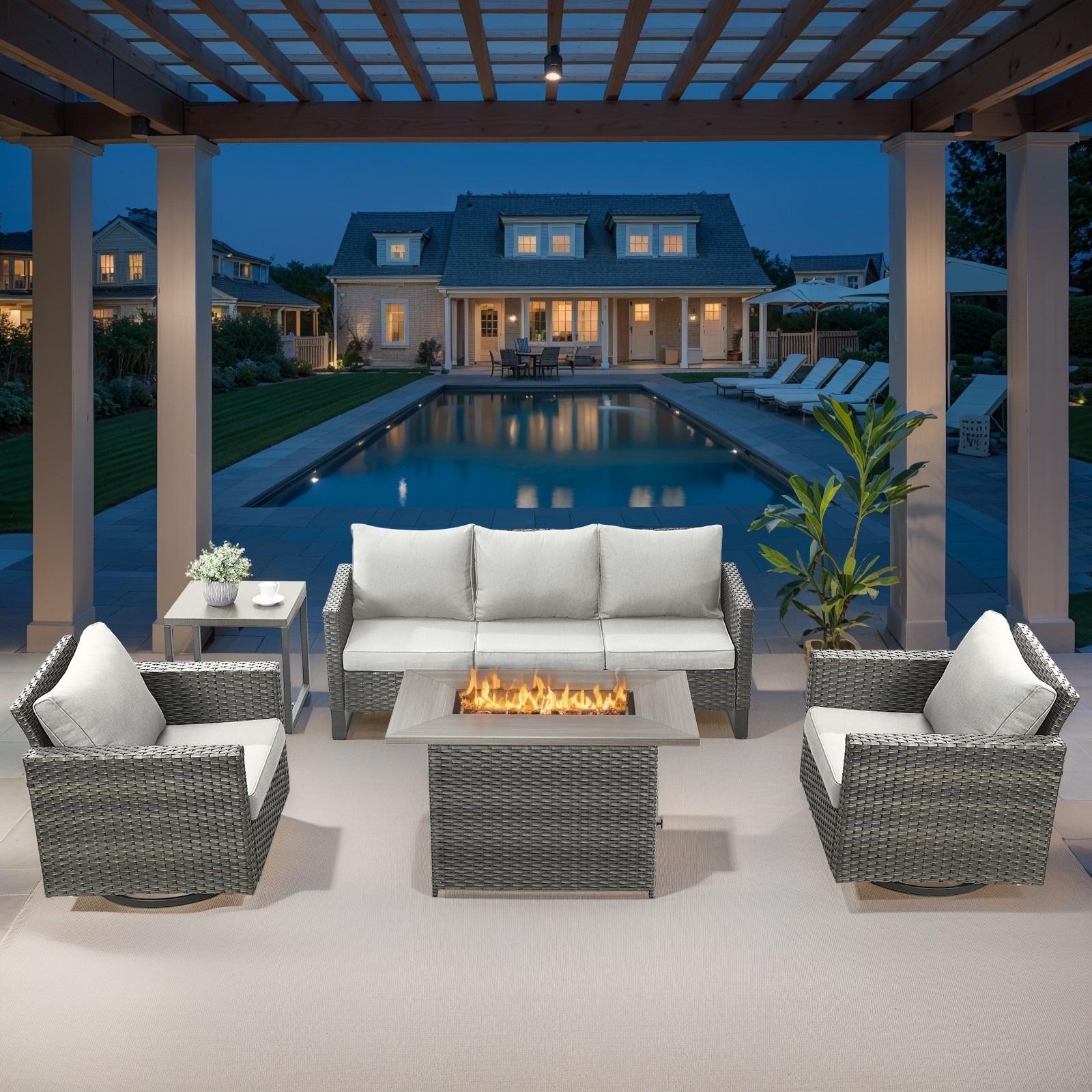 Outdoor Sofa Swivel Chairs with Fire Pit Table - Beige cushion - Grey