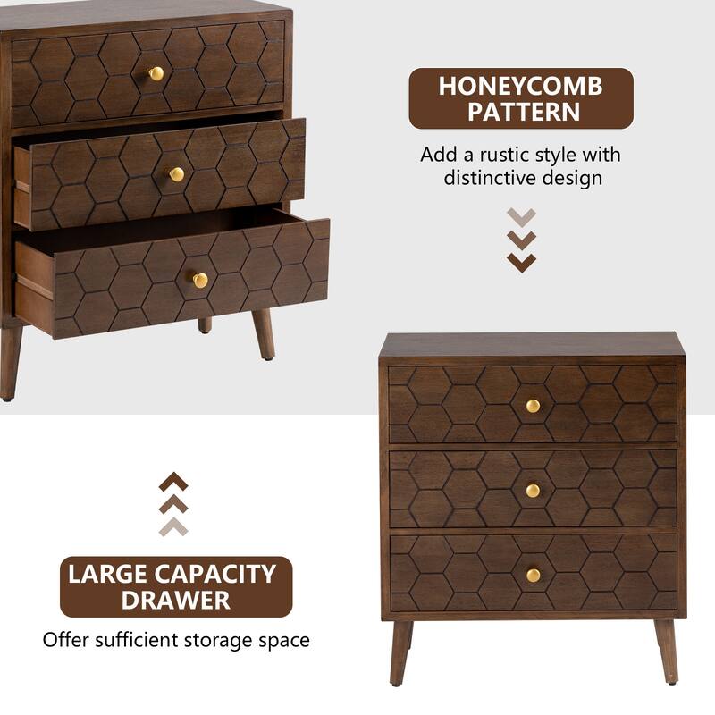 SUNBURY Solid Wood Brown Nightstand with 3-Drawers
