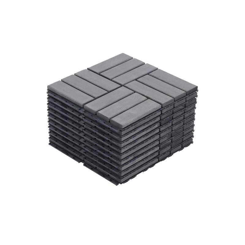 10 PCS Interlocking Deck Tiles Checker Pattern, 12" x 12" Light Gray Square Acacia Hardwood Outdoor Flooring - Light Gray