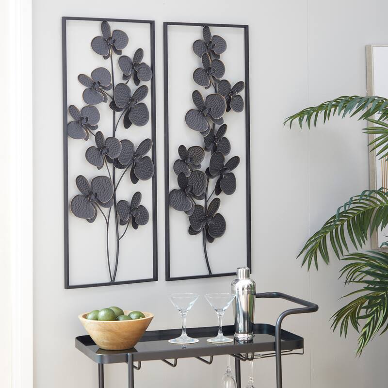 Black Metal Orchid Floral Home Wall Decor with Black Frame (Set of 2)