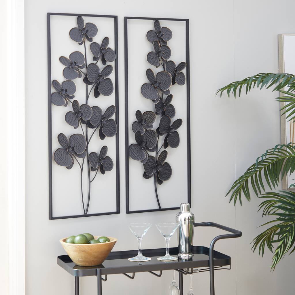 Black Metal Orchid Floral Home Wall Decor with Black Frame (Set of 2 ...