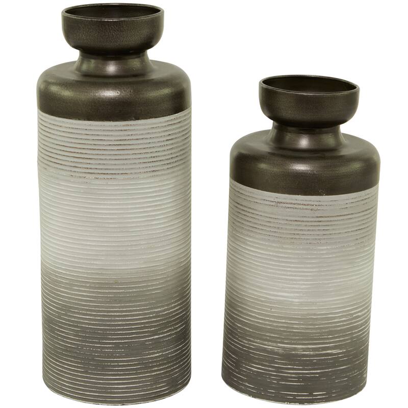 Bronze Metal Decorative Vase with Embossed Ribbing (Set of 2) - 16", 13"H