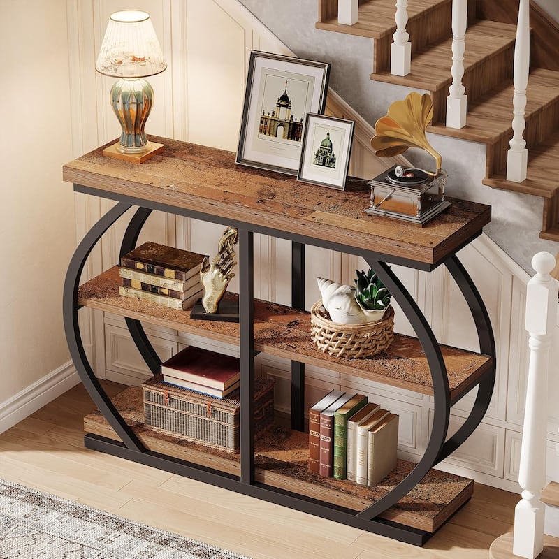 41.3 Inches Brown MDF Entryway Table, 3-Tier Industrial Console Table with Storage for Living Room - Distressed Brown