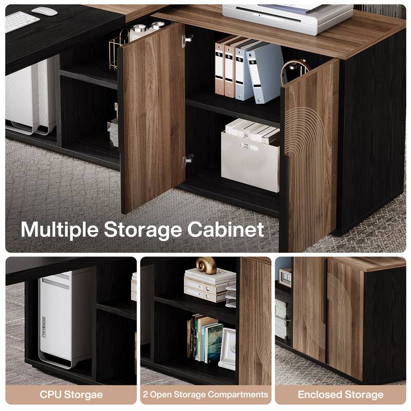 74.8-Inch L Shaped Executive Desk, Large Office Computer Desk with Cabinet and Shelves for Home Office