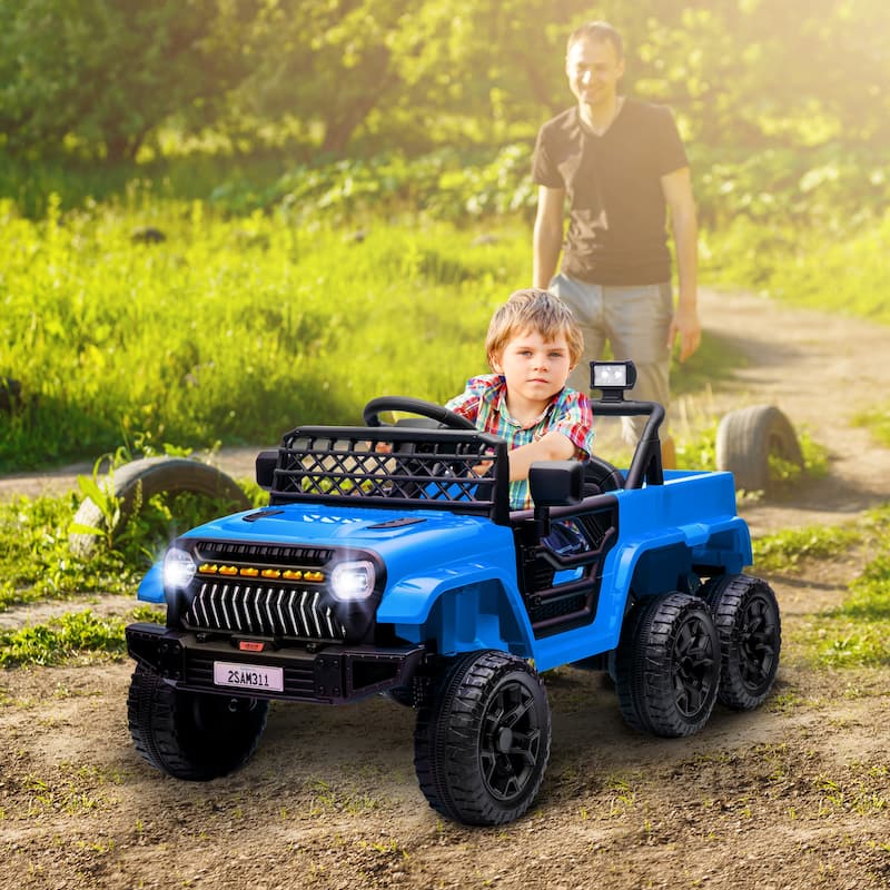 Electric Car Light Blue Ride-On Car with Parent Remote Control, Engineering Car Electric Vehicle with Trailer