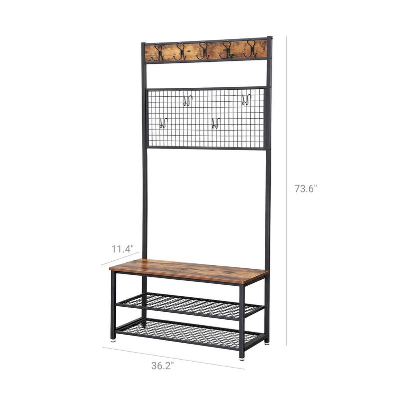 VASAGLE Industrial Coat Stand, Shoe Rack Bench with Grid Memo Board, 9