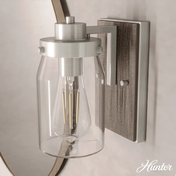 slide 2 of 10, Hunter Devon Park 1-Light Wall Sconce, Rustic, Modern Farmhouse, Damp-Rated Brushed Nickel-Grey Wood