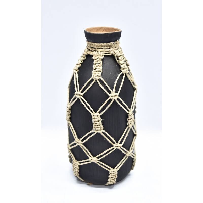 Vase Sm Mud & Rope Natural Finish Dia 4.5" & H 9.8" - NATURAL - Black