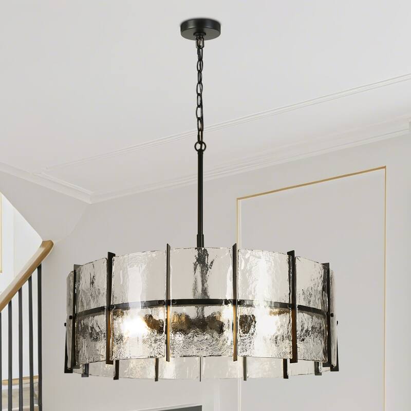Modern 8-Light Drum Chandelier with Textured Glass Shade For Living Dining Room Foyer - Gray - Dia. 31.5" x H 11"