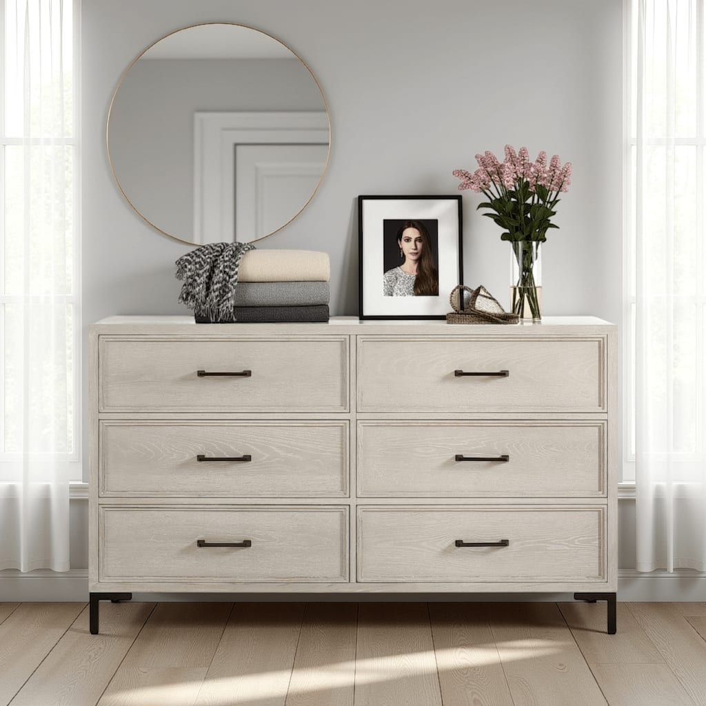 Bedy Wide Dresser, 6 Drawers, Black Metal, Antique White Oak Wood