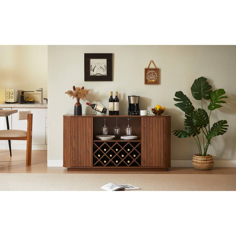 Modern Elegant Design Wood-Grain Wavy Curve Storage Cabinet with Adjustable Shelves and Glassware Holder - Walnut