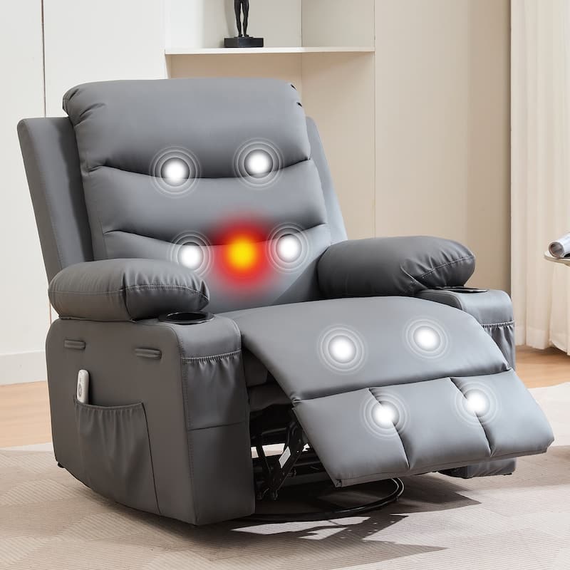 Swivel Rocker Recliner Chair with Massage and Heat, Oversized Reclining Sofa - PU Gray