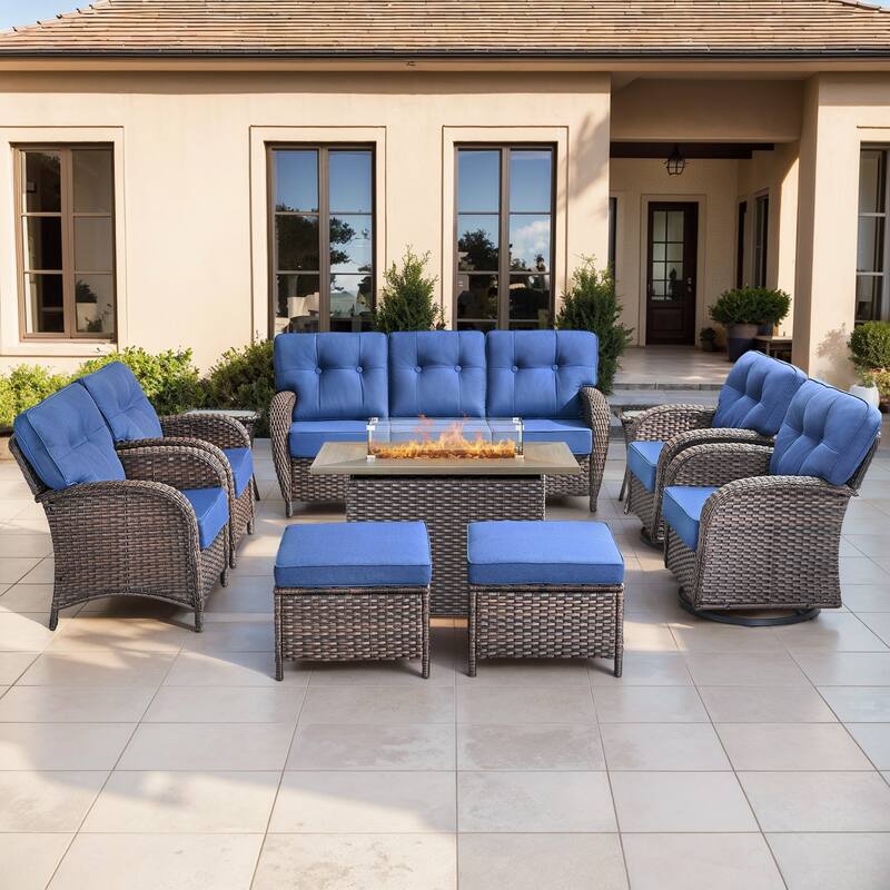 Gymojoy Outdoor Wicker Patio Furniture Sofa Set with 55,000 BTU Fire Pit Table, Swivel Chairs & Thick Cushions - Brown Wicker / Blue Cusion - 10-Piece