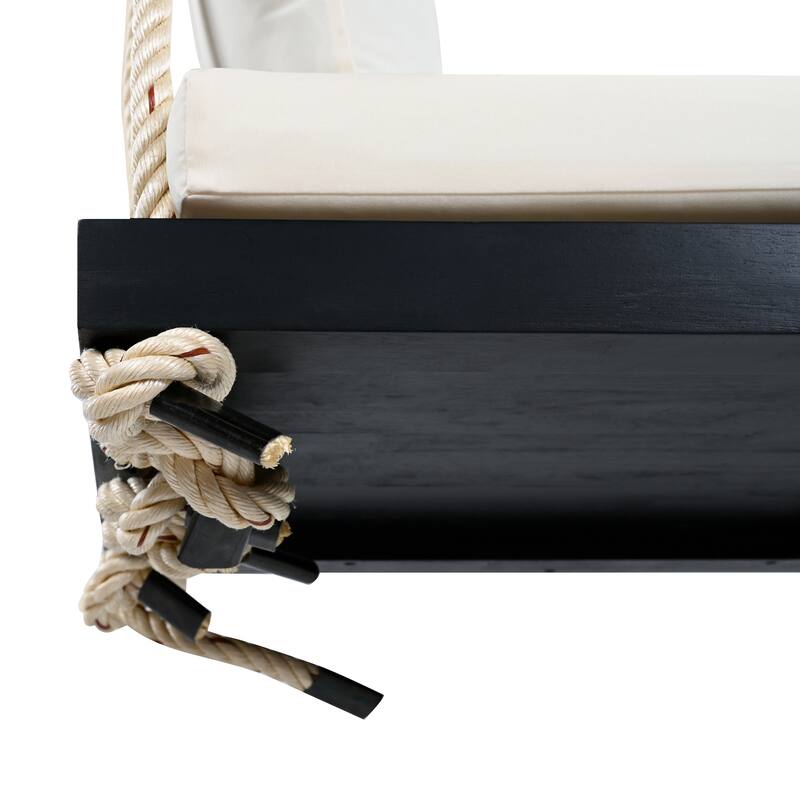 Acacia Wood Swing Chair, Hanging Porch Bench with Cushion & Pillows, 400lb Capacity & 10.8ft Ropes