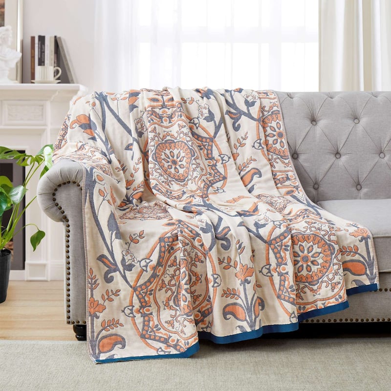 100% Cotton Boho Floral Thermal Breathable Jacquard Throw Blankets - Medallion