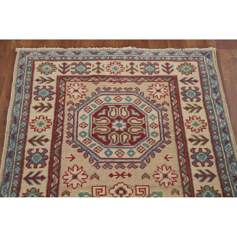Hand Knotted Oriental 100% Wool Carpet Traditional Geometric Beige & Ivories Kazak Runner Rug - 12' 9'' X 2' 9''