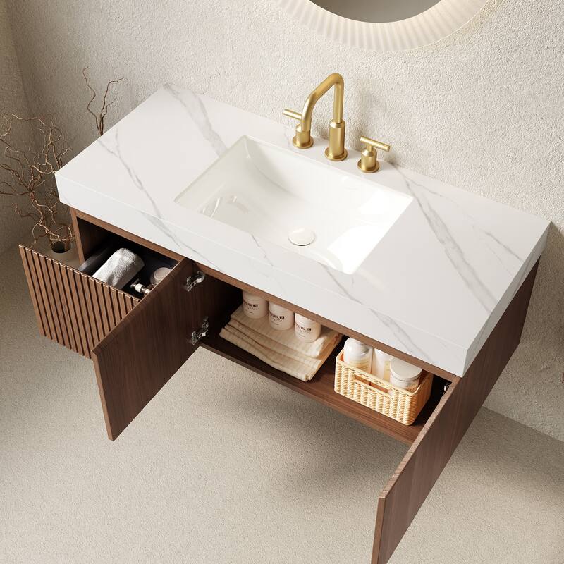 Floating Bathroom Vanity with Sintered Stone Top & Undermount Ceramic Basin with Three Pre-drilled Faucet Holes