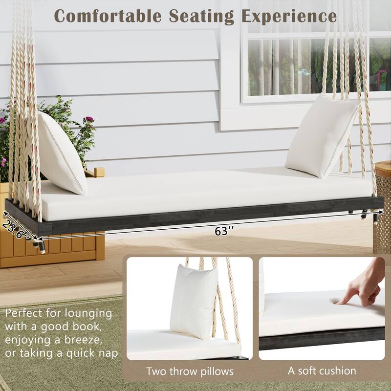 Acacia Wood Swing Chair, Hanging Porch Bench with Cushion & Pillows, 400lb Capacity & 10.8ft Ropes