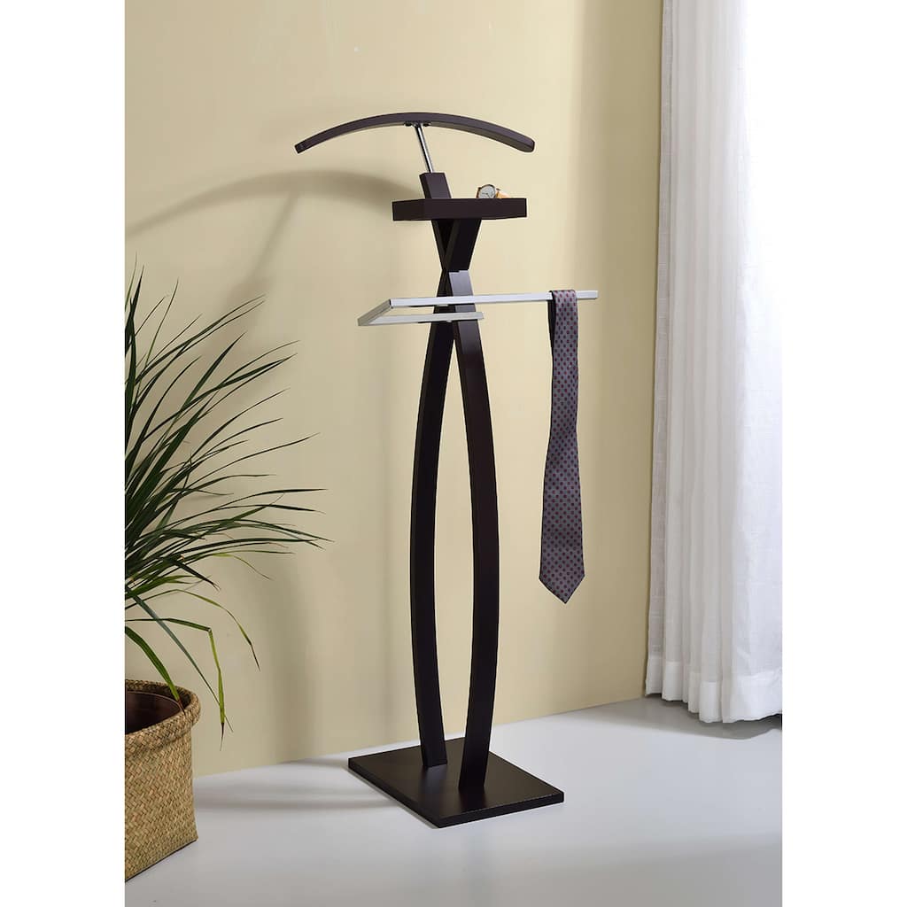 Modern Curved Chrome/Walnut Finish Suit Rack Valet Stand