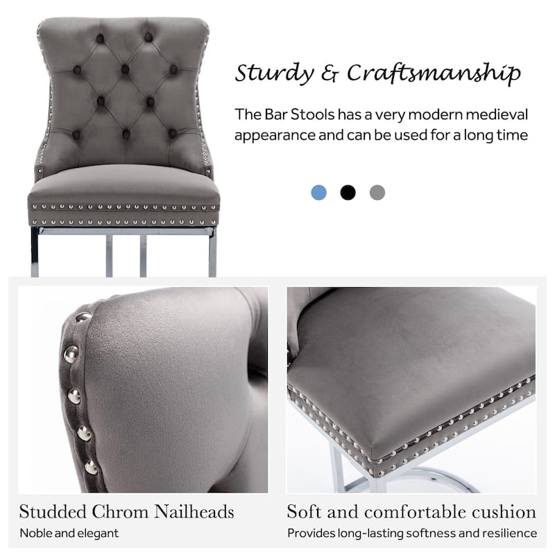 Modern Velvet Upholstered Barstools with Metal Base Leg