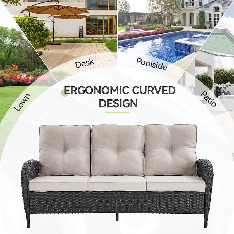 3-Seat Patio Wicker Sofa Soft Cushion Black - Beige
