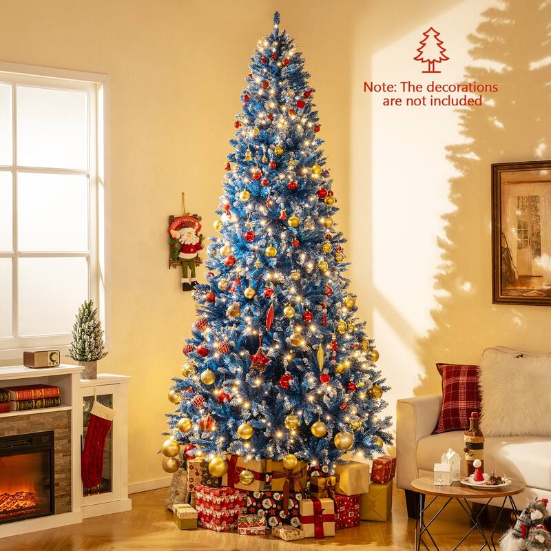 Gymax Pre-Lit Artificial Christmas Tree Blue Hinged Xmas Tree w/