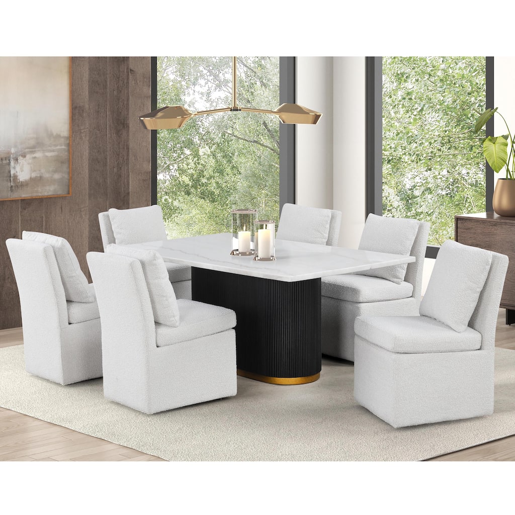 Furniture of America Torin Modern 7-Piece White Marble Top Dining Set with Boucle Upholstered Chairs