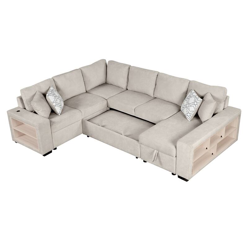 Beige 109" U-Shaped 6-Seater Sectional Sofa with Pull-Out Bed, Storage Chaise Lounge, 4 Back Pillows, and USB Charging Ports