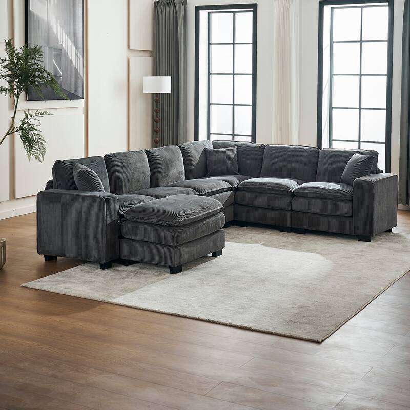 Corduroy Upholstered U-shaped Chaise Sectional Sofa Modular Sleeper Sofa Bed Deep Seat Couch with Ottoman and Pillows