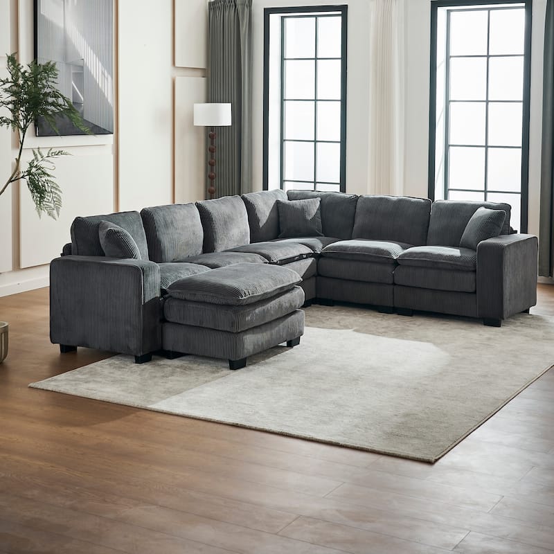 Grey 118.1'' Luxurious U-Shaped 6-Seat Sectional Sofa with Ottoman and 3 Throw Pillows in Durable Corduroy