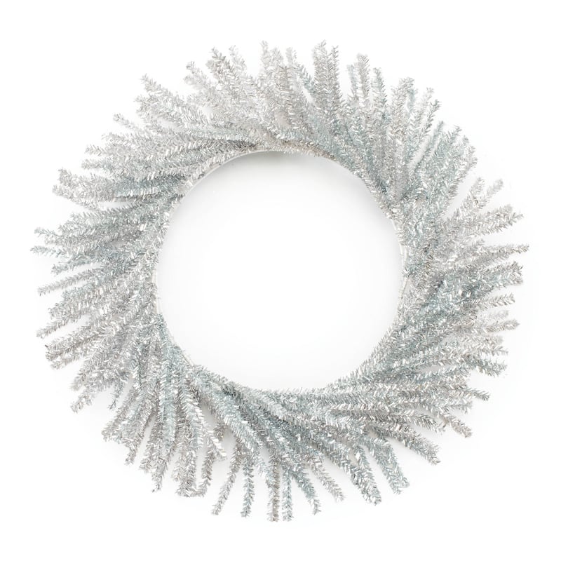 Silver PVC Tinsel Pine Wreath with Wired Branches Shimmering Holiday Decor - 21” x 5” x 21” (D x W x H) - Silver