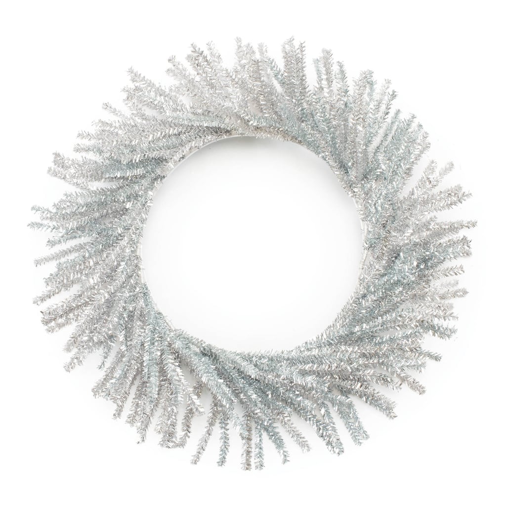 Silver PVC Tinsel Pine Wreath with Wired Branches Shimmering Holiday Decor - 21” x 5” x 21” (D x W x H)