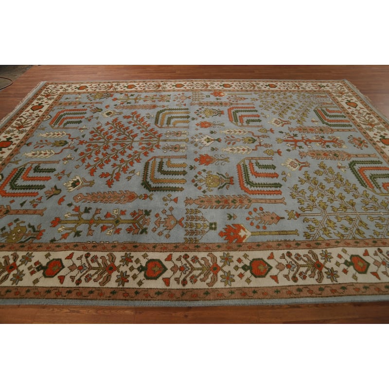 Light Blue Geometric Oushak Indian Area Rug Hand-Knotted Wool Carpet - 9'0"x 11'9"