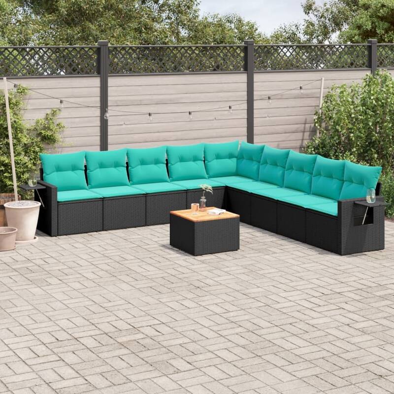 vidaXL 10 Piece Patio Sofa Set with Cushions Black Poly Rattan - 24.4x24.4x27.2